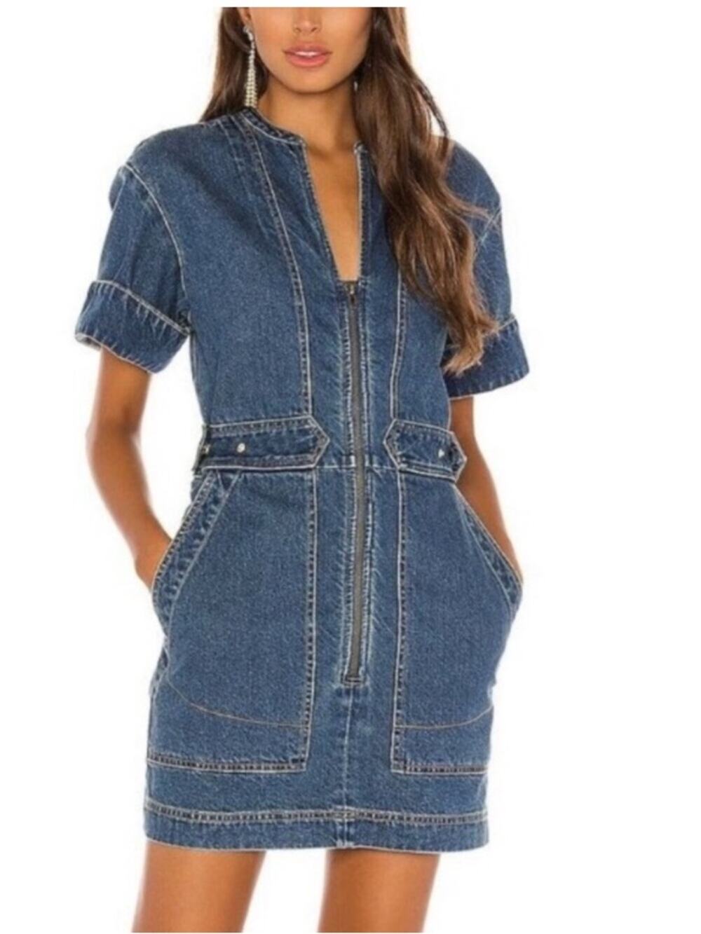 Free People Dream On Washed Indigo Denim Mini Dress Size XS zippered Front